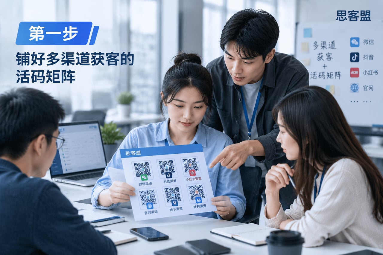 第一步:铺好多渠道获客的活码矩阵示意