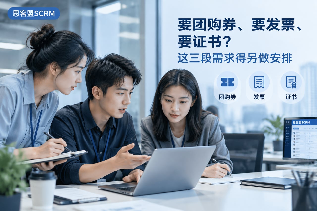 要团购券、要发票、要证书这三段需求得示意