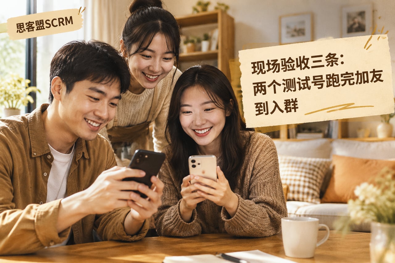 现场验收三条：两个测试号跑完加友到入示意